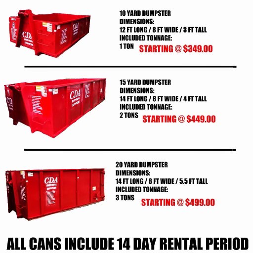 CDA Roofing red dumpster available for rental